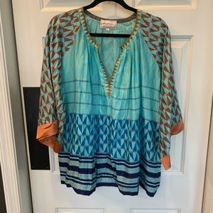 Anthropologie- 100% Silk tunic beautiful turquoise pint with bell sleeve.